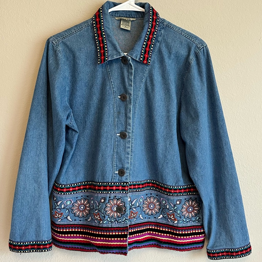 Vintage Teddi Embroidered Denim Jacket Medium Boho Floral Cottagecore Y2K